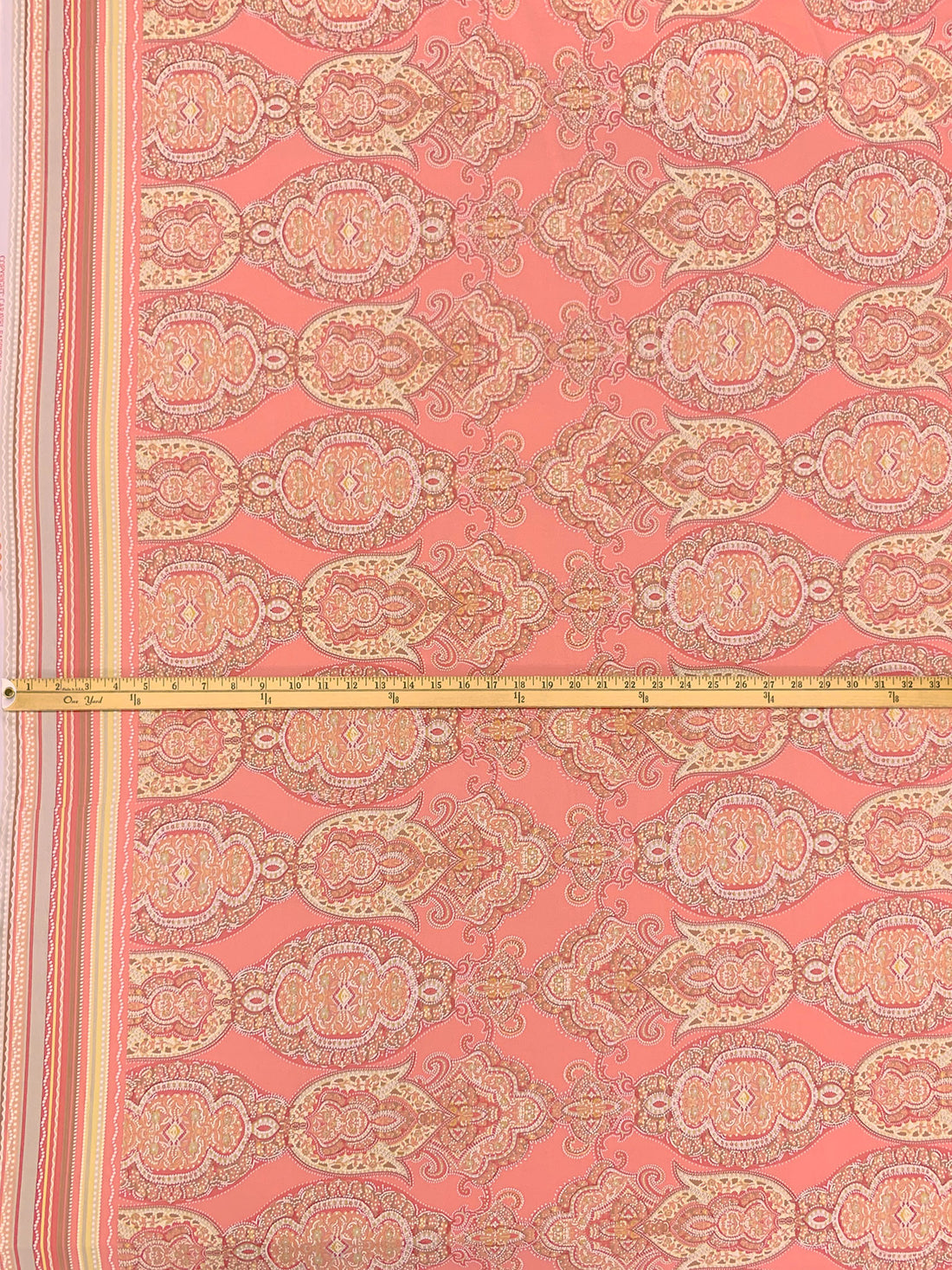 Salmon/White/Antique Brass/Multi Polyester/Lycra Double Border Horizontal Ornate Puff Dot Print ITY Knit 59W