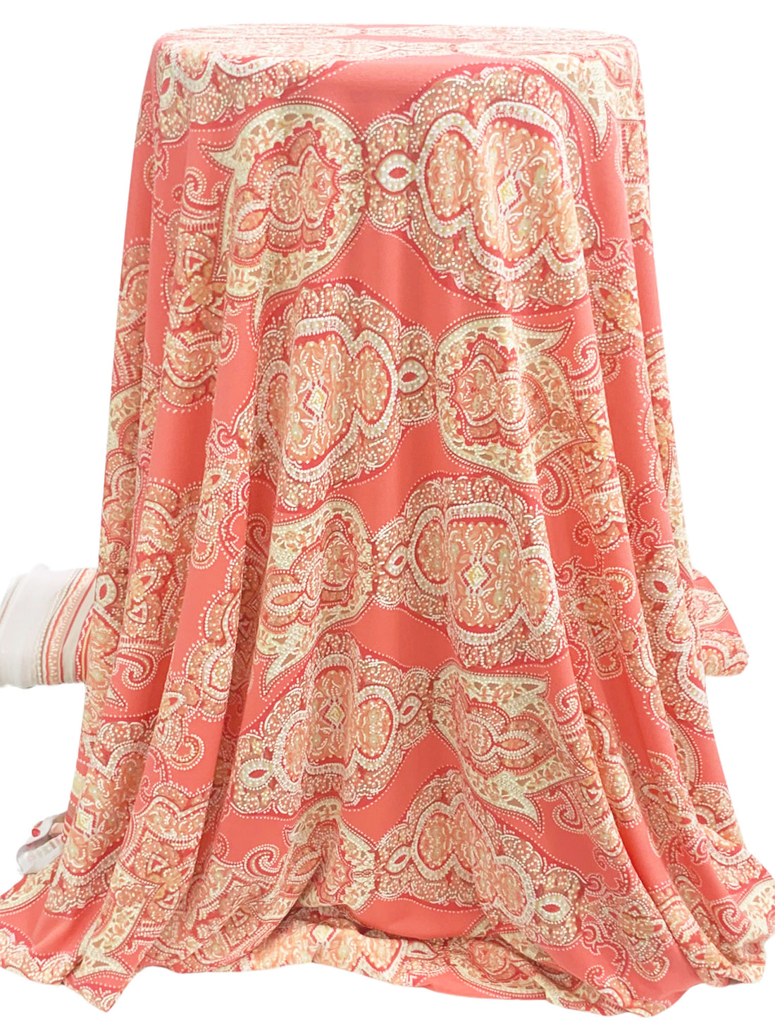 Salmon/White/Antique Brass/Multi Polyester/Lycra Double Border Horizontal Ornate Puff Dot Print ITY Knit 59W