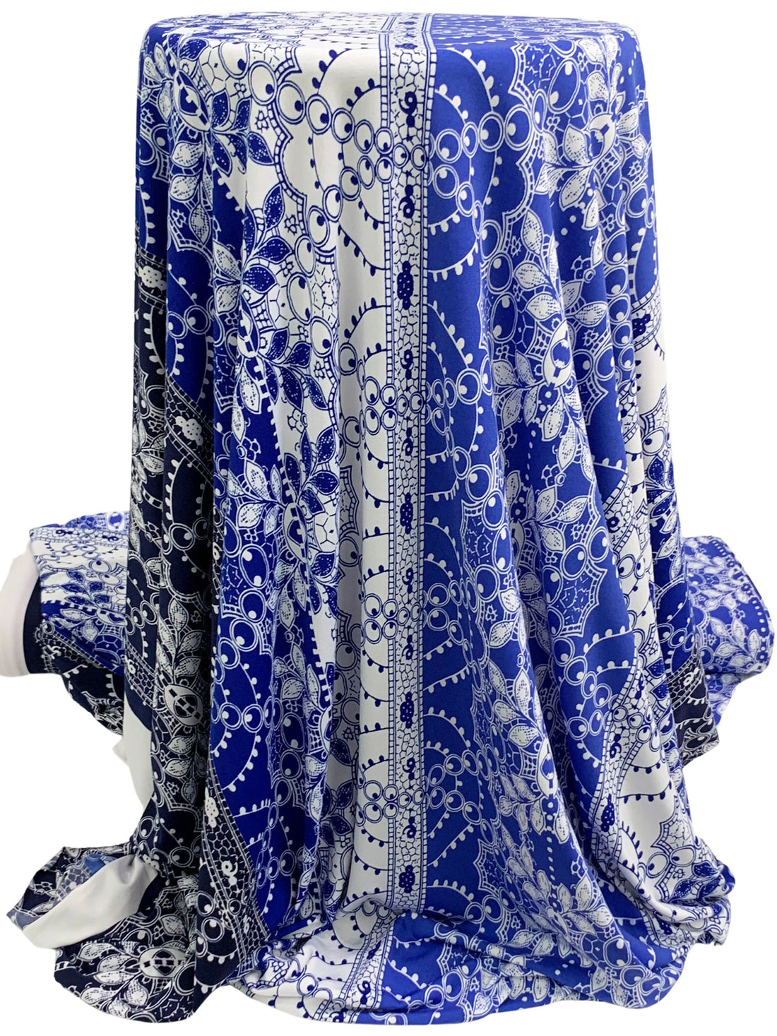 Midnight Navy/Deep Blue/White/Multi Polyester/Lycra Large Vertical Ornate Print ITY Knit 56W