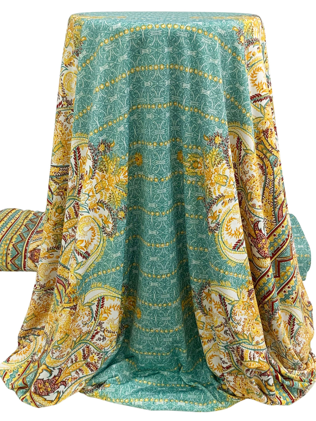 Vivid Olive/White/Multi Polyester/Lycra Large Ornate Double Border Print DTY Knit 62W