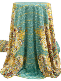 Vivid Olive/White/Multi Polyester/Lycra Large Ornate Double Border Print DTY Knit 62W