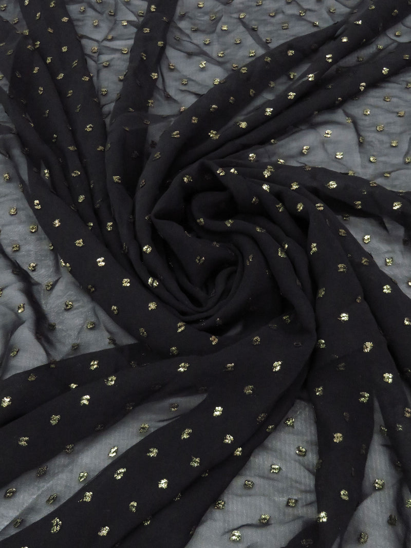 Black/Gold 100% Polyester Foil Printed Swiss Dot Chiffon - Famous Dress Designer - 60W