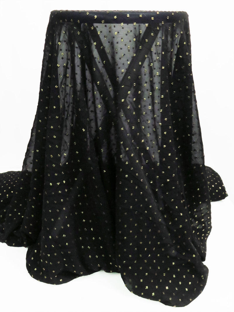 Black/Gold 100% Polyester Foil Printed Swiss Dot Chiffon - Famous Dress Designer - 60W