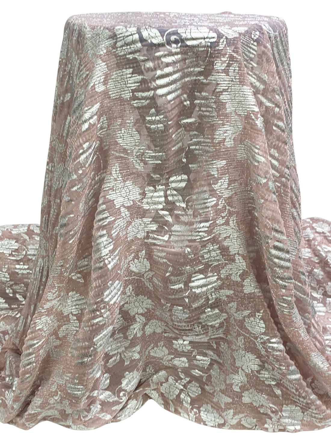 Muted Dusty Rose/Silver Polyester/Metallic Floral Foil Print Pleated Sheer Knit 54W
