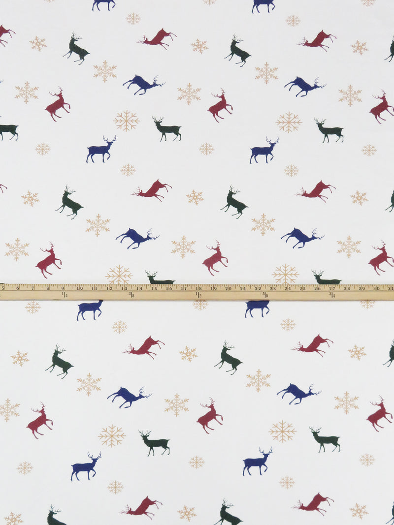 White/Biscuit/Evergreen/Multi Polyester/Lycra Deer And Snowflakes Print Double Brushed Knit 58W