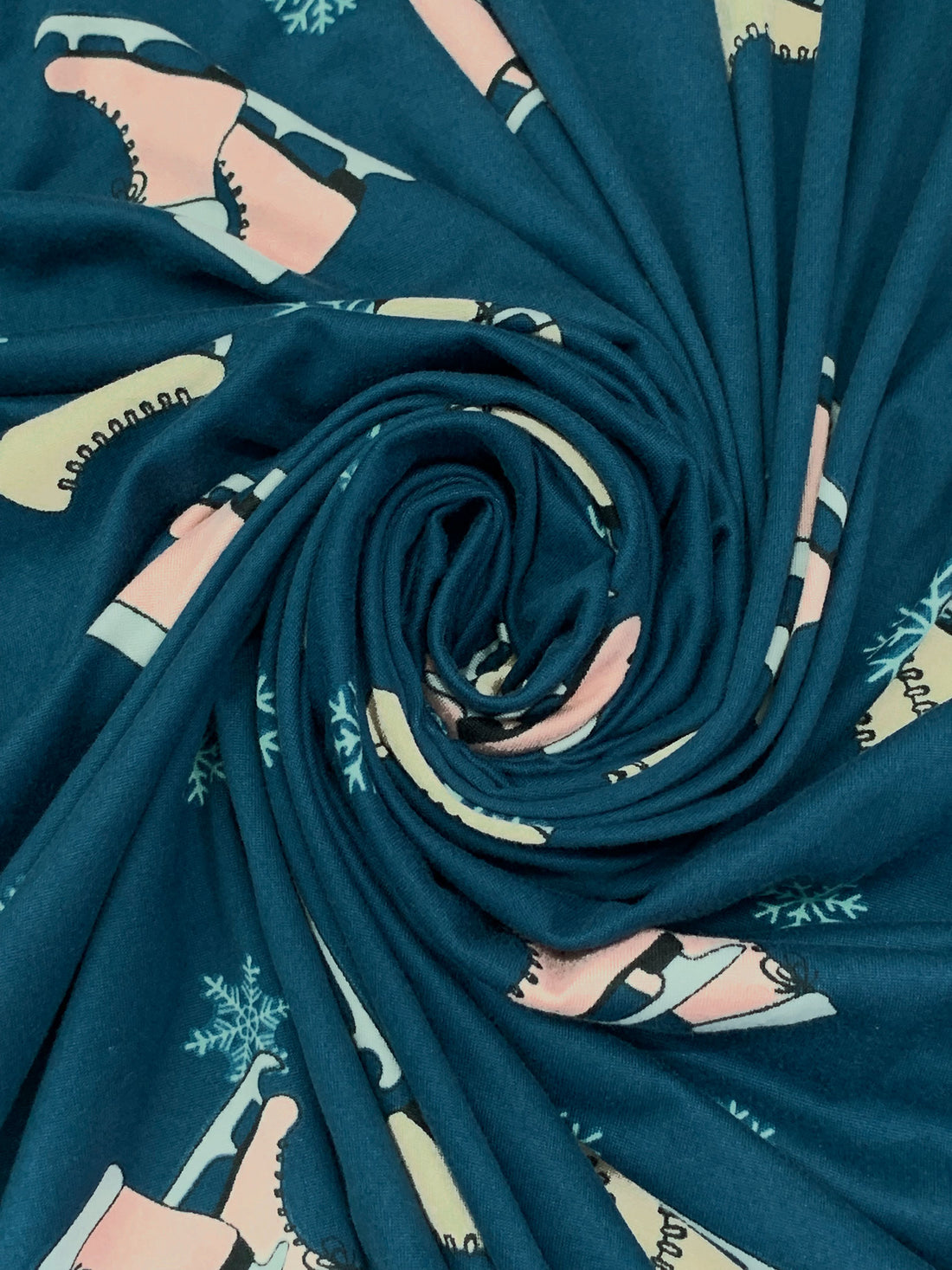 Deep Blue Sea/Rosy Beige/White Polyester/Lycra Ice Skates & Snowflakes Print Double Brushed Knit 58W