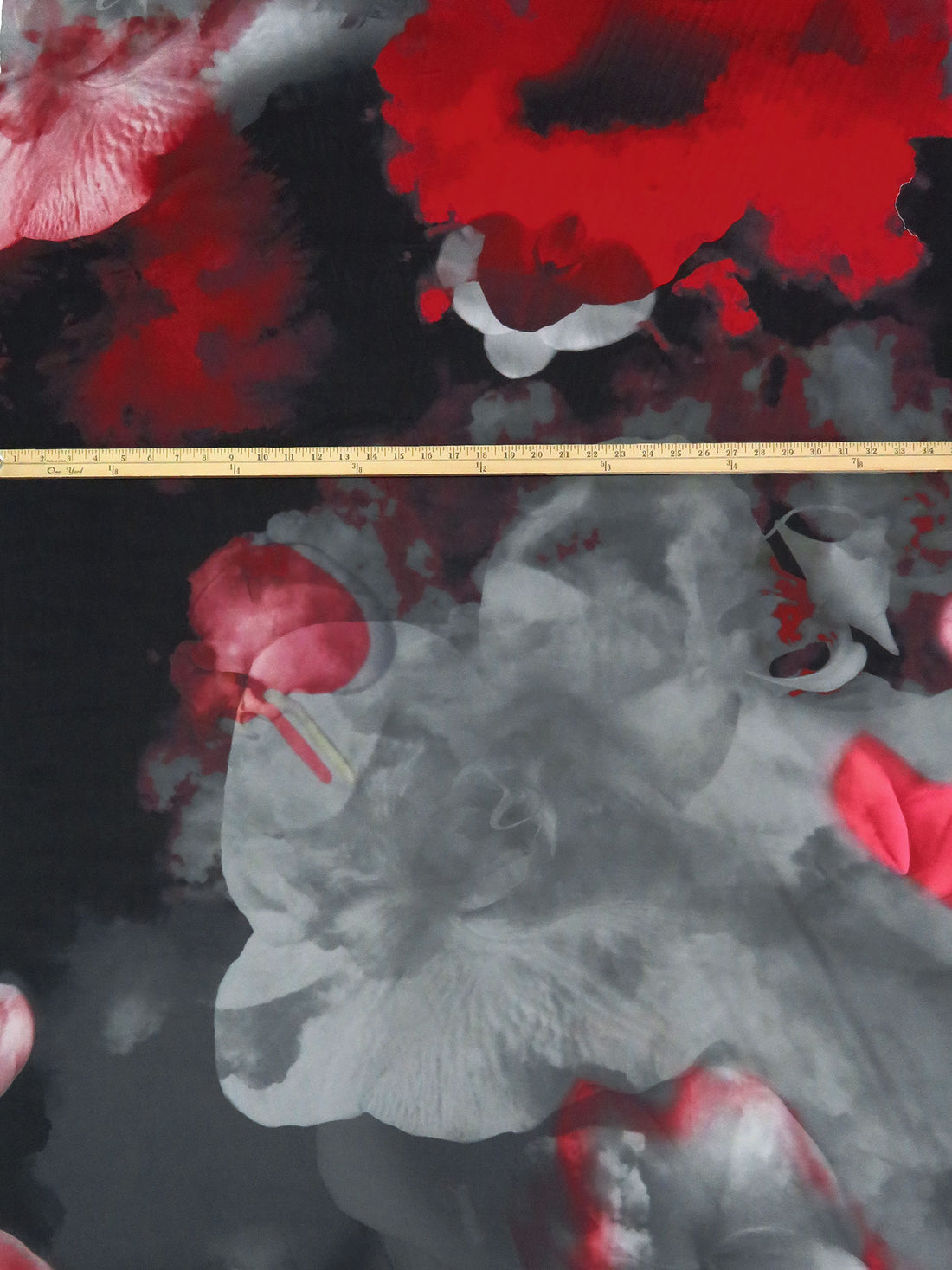 Black/Dark Gray/Scarlet/Multi Silk/Spandex Giant Floral Print Stretch Chiffon - NY Designer - 52W