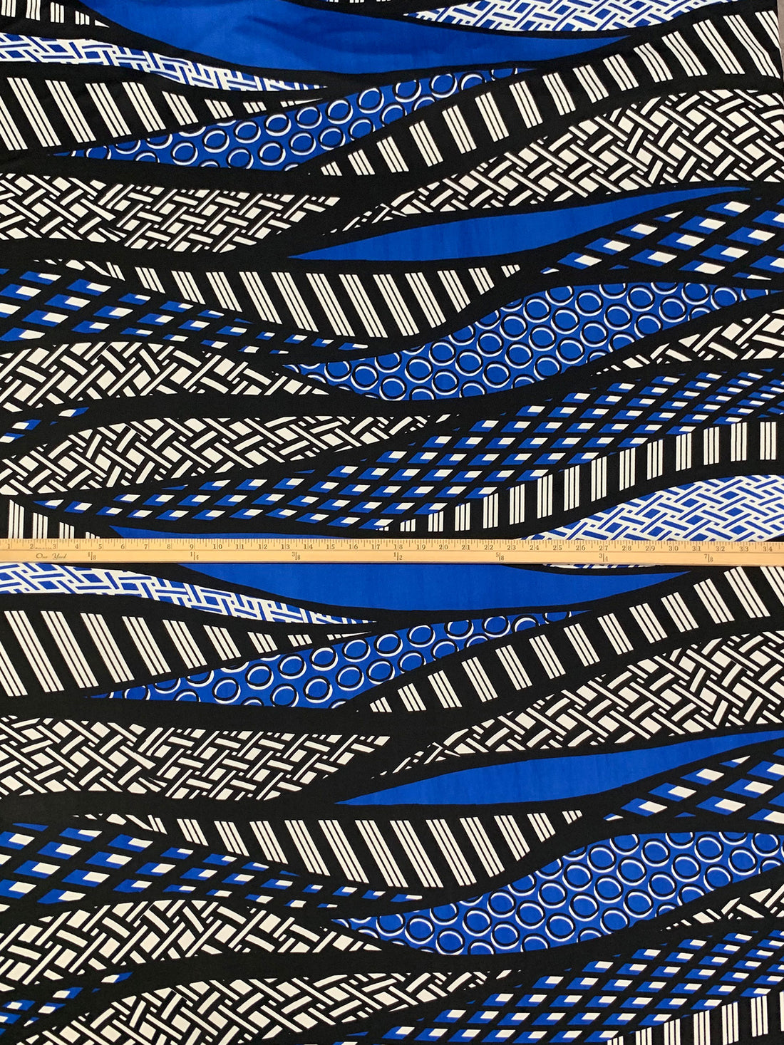 Cobalt Blue/Black/White Polyester/Lycra Stylized Horizontal Waves Print ITY Knit 59W