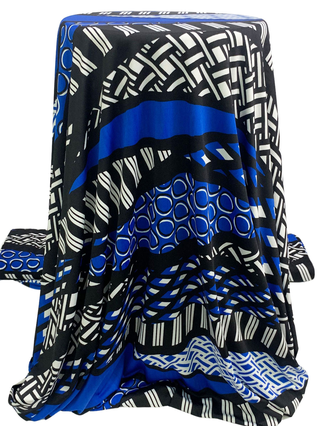 Cobalt Blue/Black/White Polyester/Lycra Stylized Horizontal Waves Print ITY Knit 59W