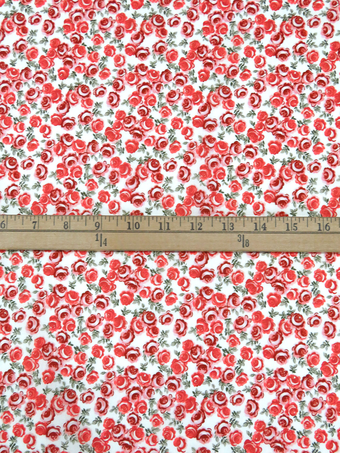 Pastel Red/White/Dark Fern Green/Multi 100% Cotton Small Artistic Roses Print Lawn 57W