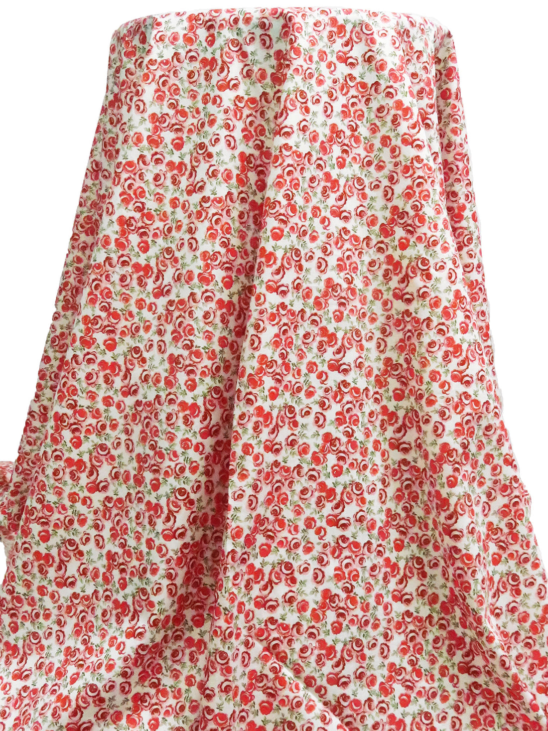 Pastel Red/White/Dark Fern Green/Multi 100% Cotton Small Artistic Roses Print Lawn 57W