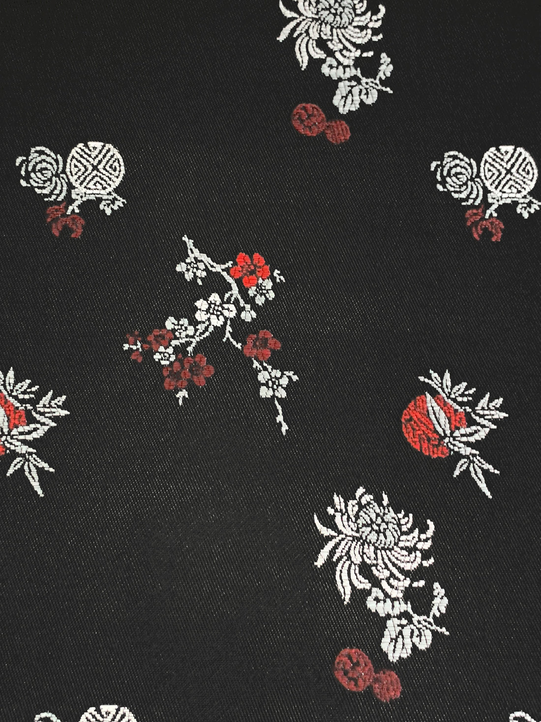Obsidian Black/Crimson/Platinum 100% Acetate Brocade Floral Weave Satin 59W