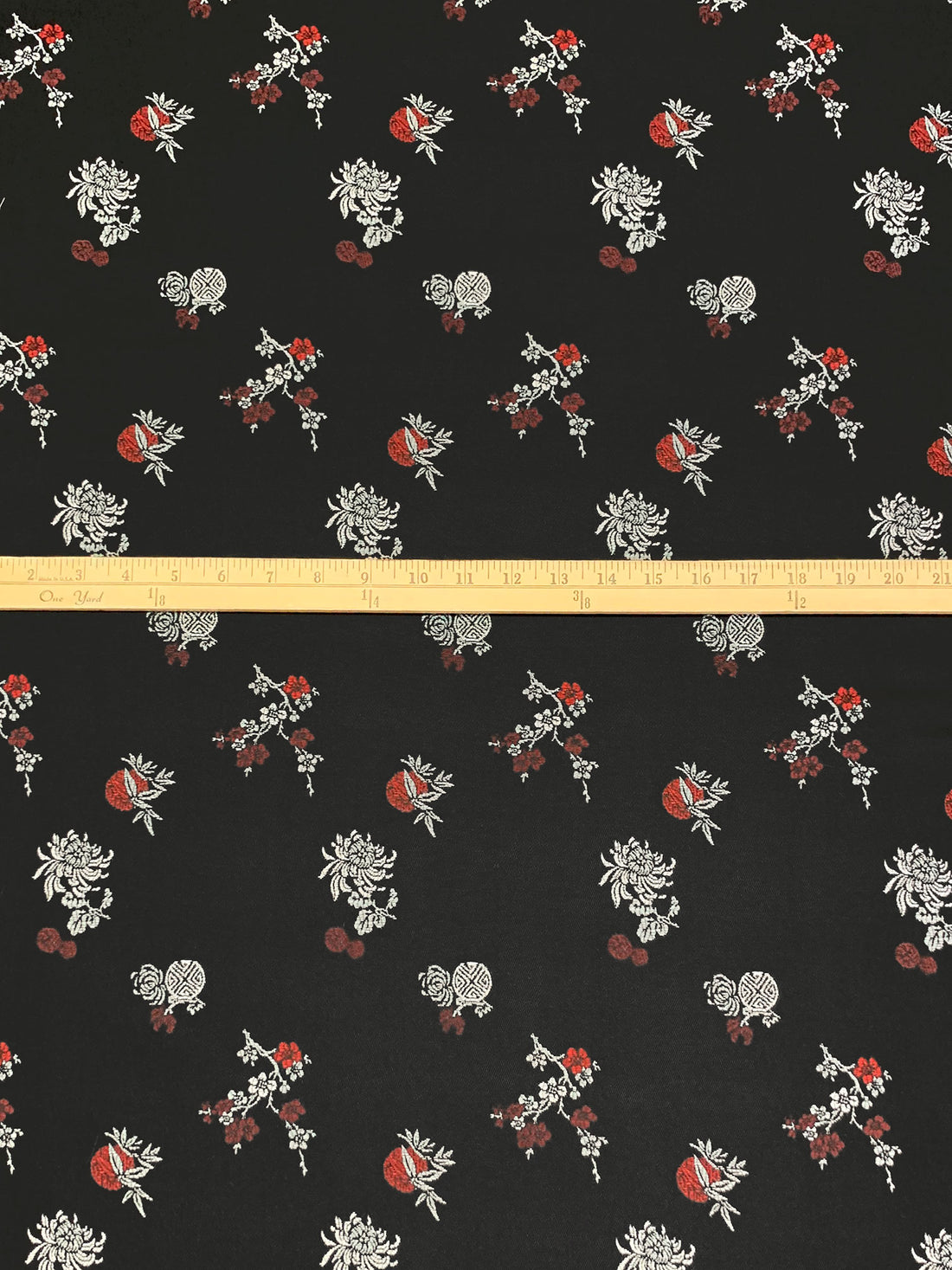 Obsidian Black/Crimson/Platinum 100% Acetate Brocade Floral Weave Satin 59W