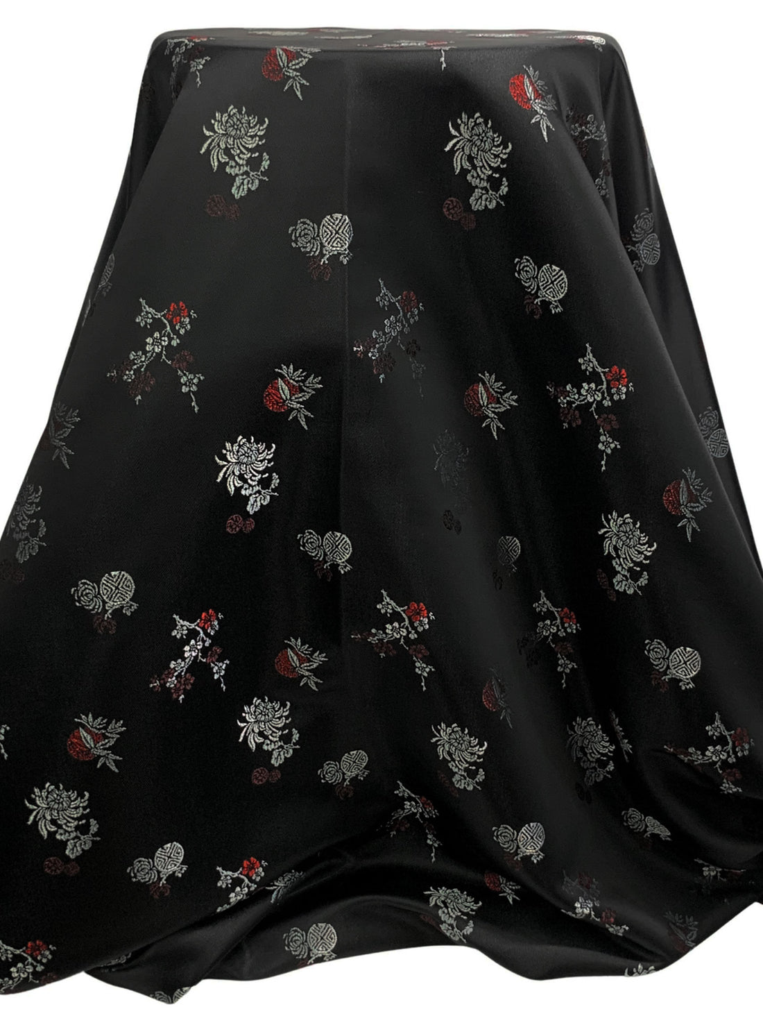 Obsidian Black/Crimson/Platinum 100% Acetate Brocade Floral Weave Satin 59W