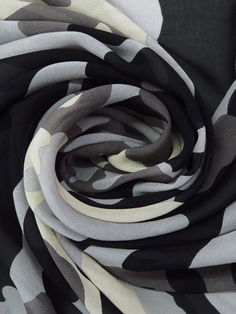 Black/Cloud Gray/Beige/Multi 100% Silk Camouflage Print Chiffon - NY Designer - 43W