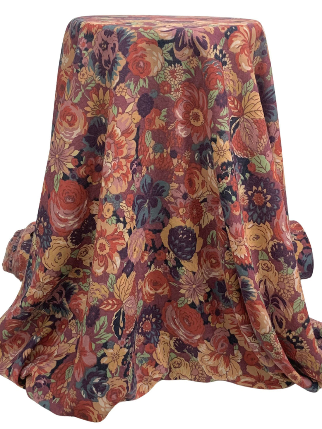 SOLD AS IS ONLY - Deep Purple/Medium Carmine/Burlywood/Multi Wool/Cotton Floral Print Challis 51W