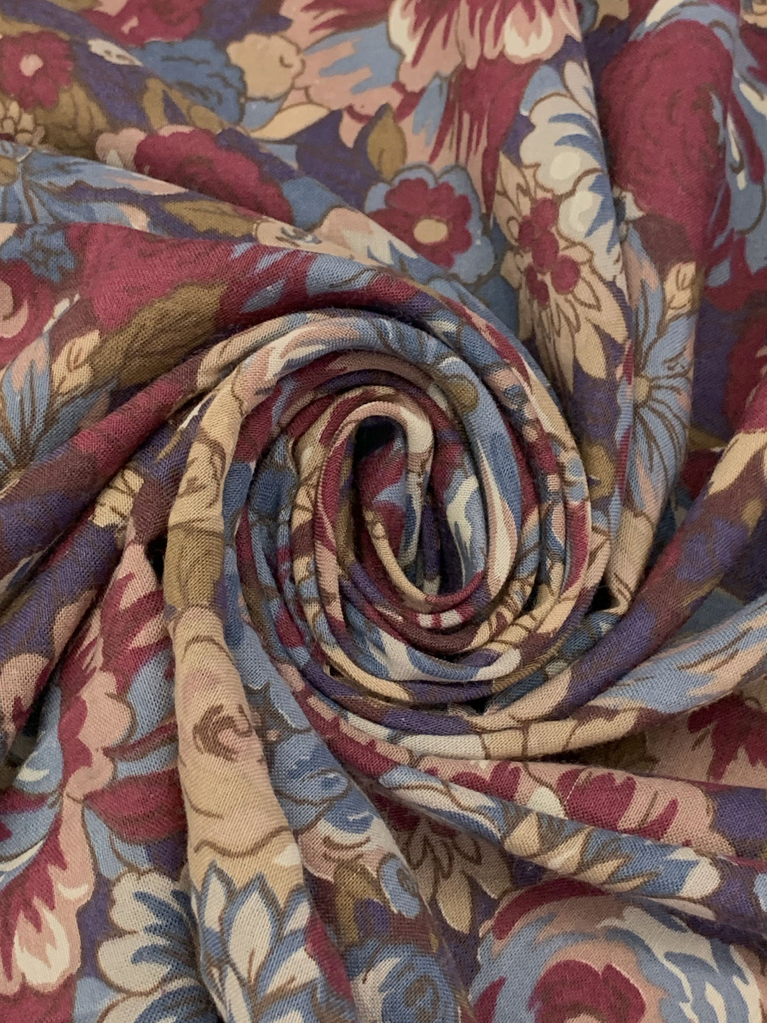 Light Slate Blue/Garnet/Dark Tan/Multi Wool/Cotton Floral Print Challis 53W