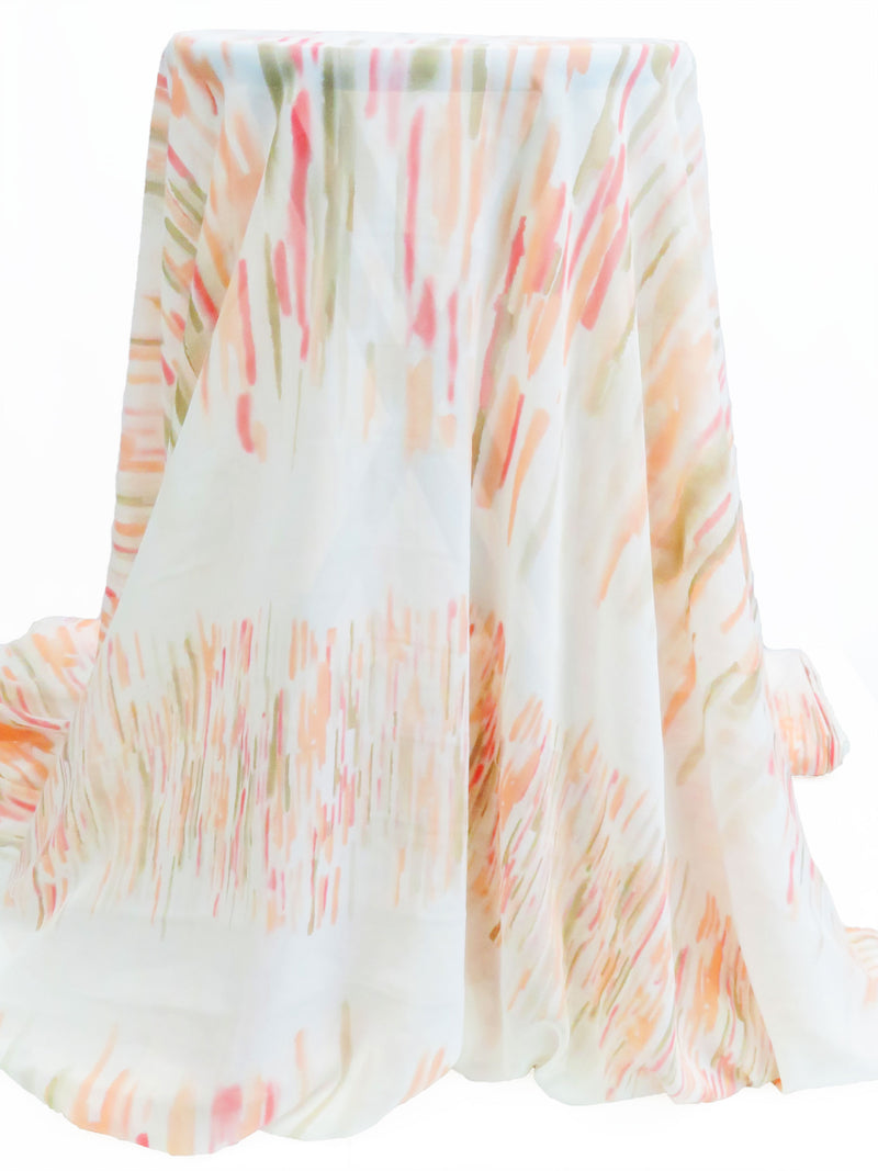 White/Strawberry Pink/Olive/Multi 100% Polyester Painterly Stripe Print Chiffon - Famous Dress Designer - 56W