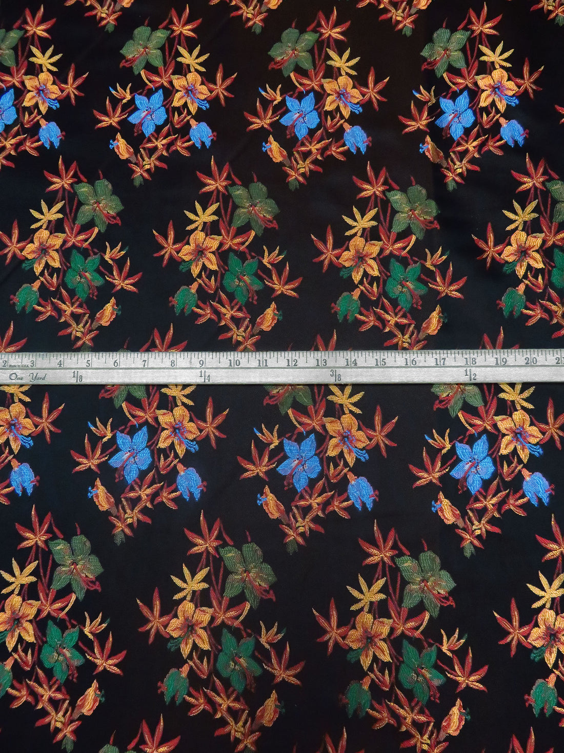 Black/Dark Red/Copper/Multi 100% Acetate Tropical Floral Weave Brocade Satin - Imported From France - 58W