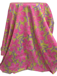 Fandango Pink/Lavender Purple/Dark Lemon Lime 100% Cotton Novelty Floral Lace Look Print Sateen Shirting 56W