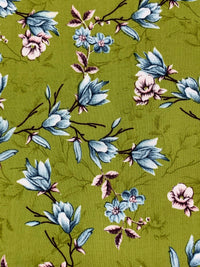 Dark Celery Green/Shadow Blue/White/Black 100% Rayon Floral Print Challis 53W