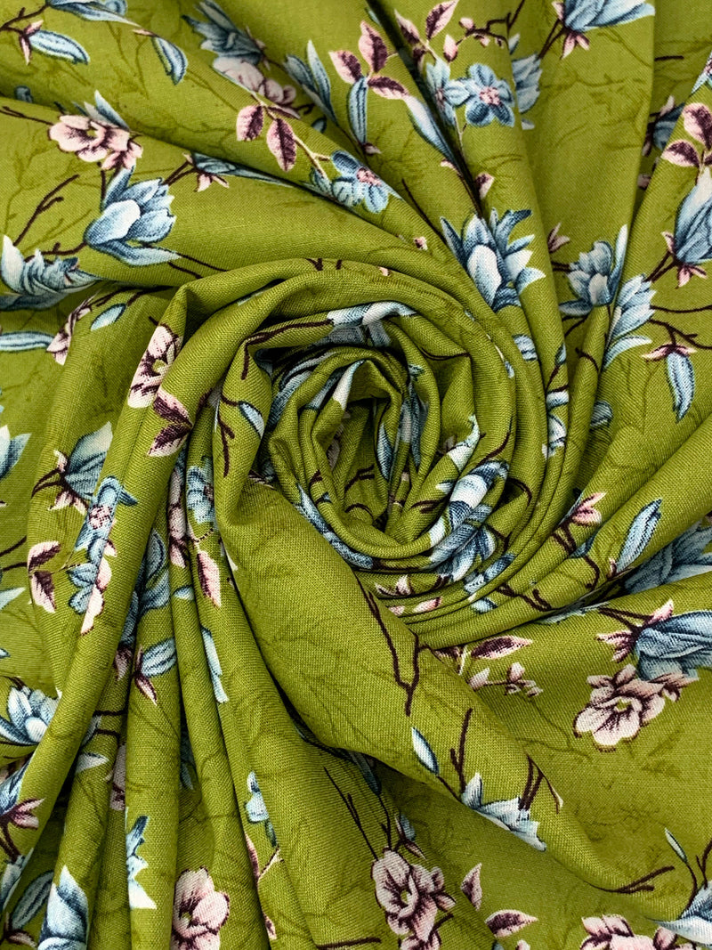 Dark Celery Green/Shadow Blue/White/Black 100% Rayon Floral Print Challis 53W