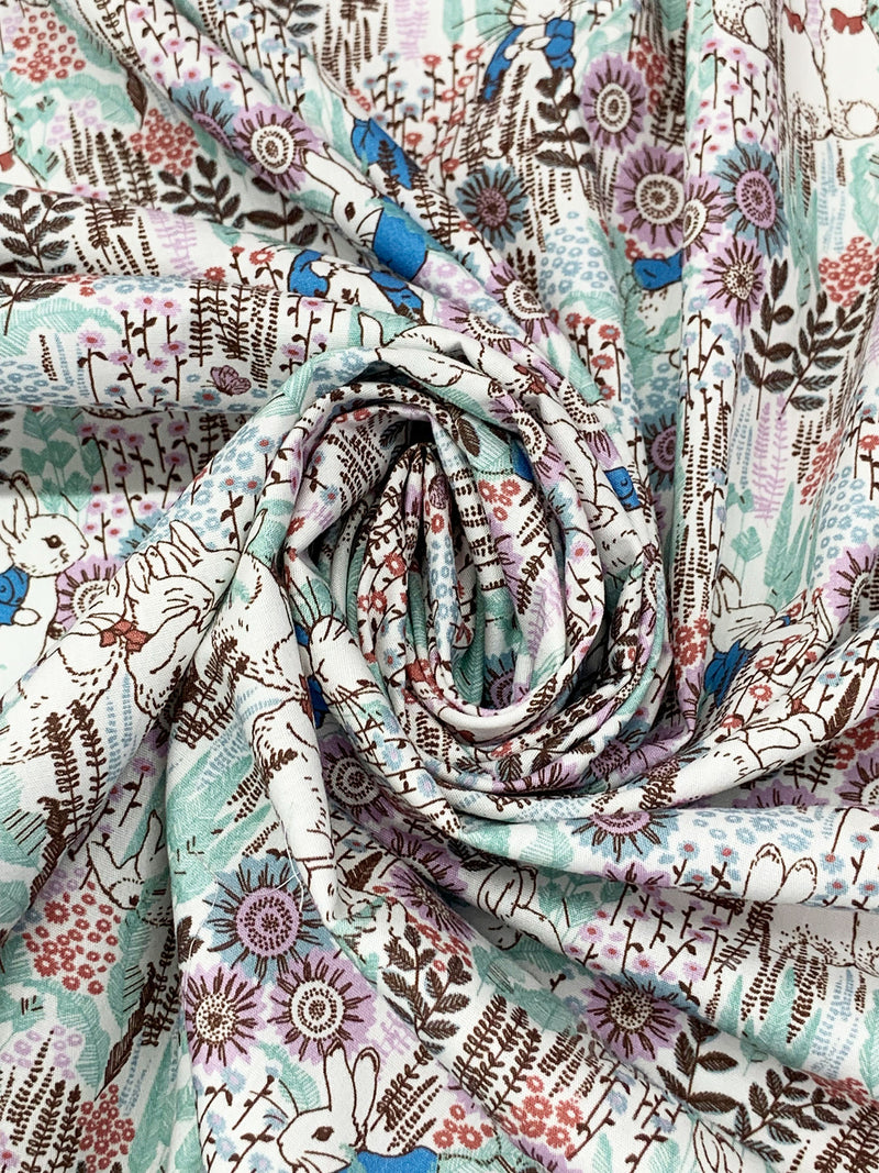 Cyan Azure Blue/Lilac/White/Multi 100% Cotton Peter Rabbit Floral Print Lawn 56W