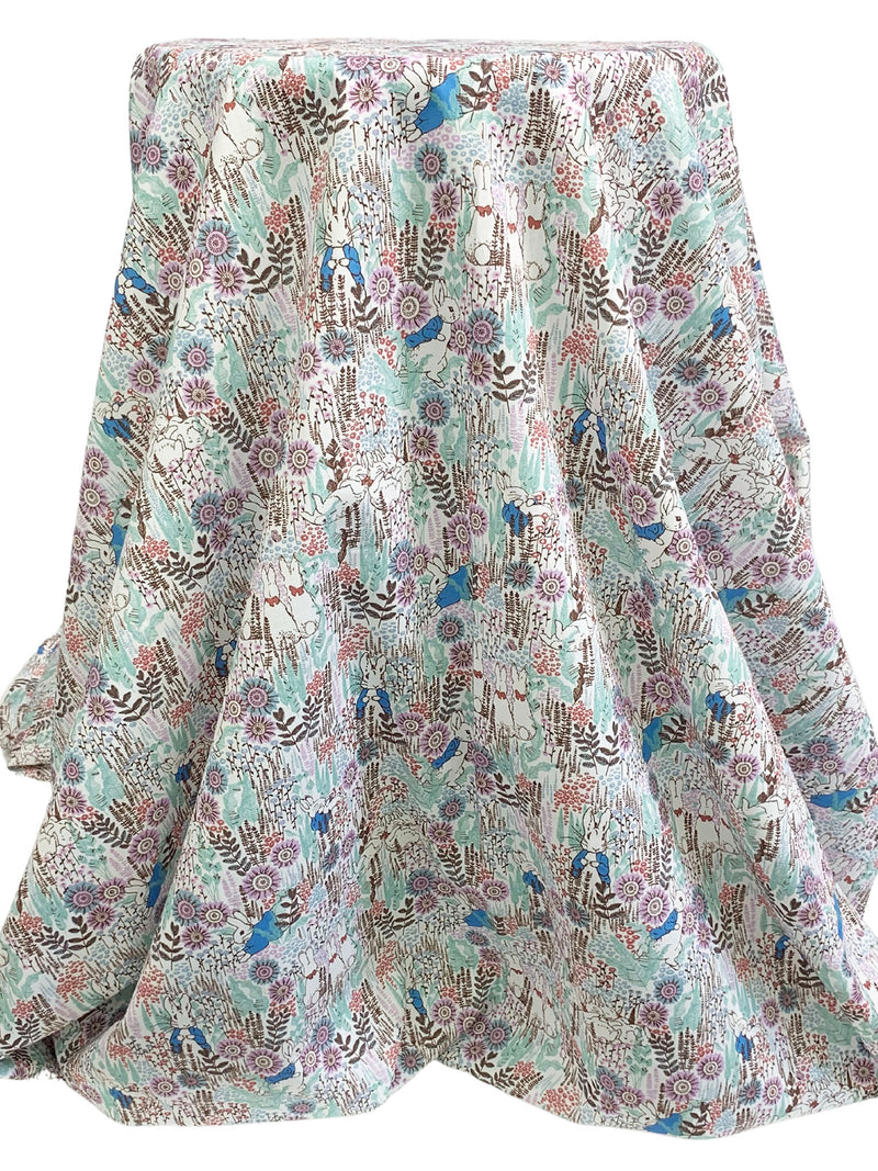 Cyan Azure Blue/Lilac/White/Multi 100% Cotton Peter Rabbit Floral Print Lawn 56W