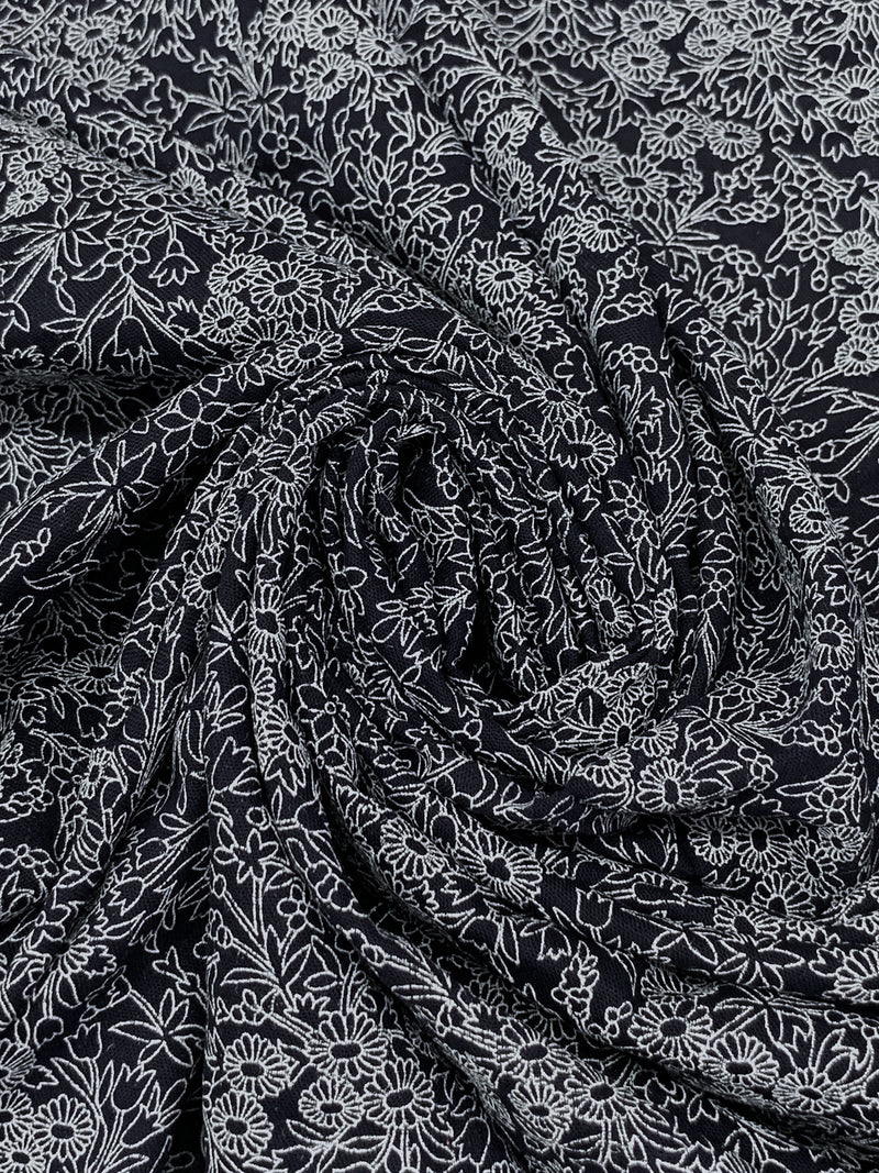 Navy/White Rayon/Lycra Sketch Floral Print Gauze 60W