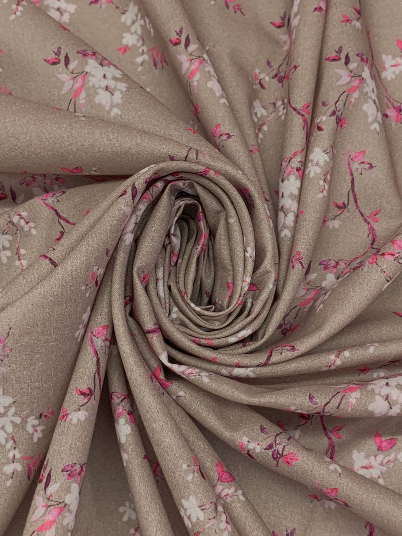 Taupe Brown/White/Charm Pink 100% Cotton Floral Print Voile 56W