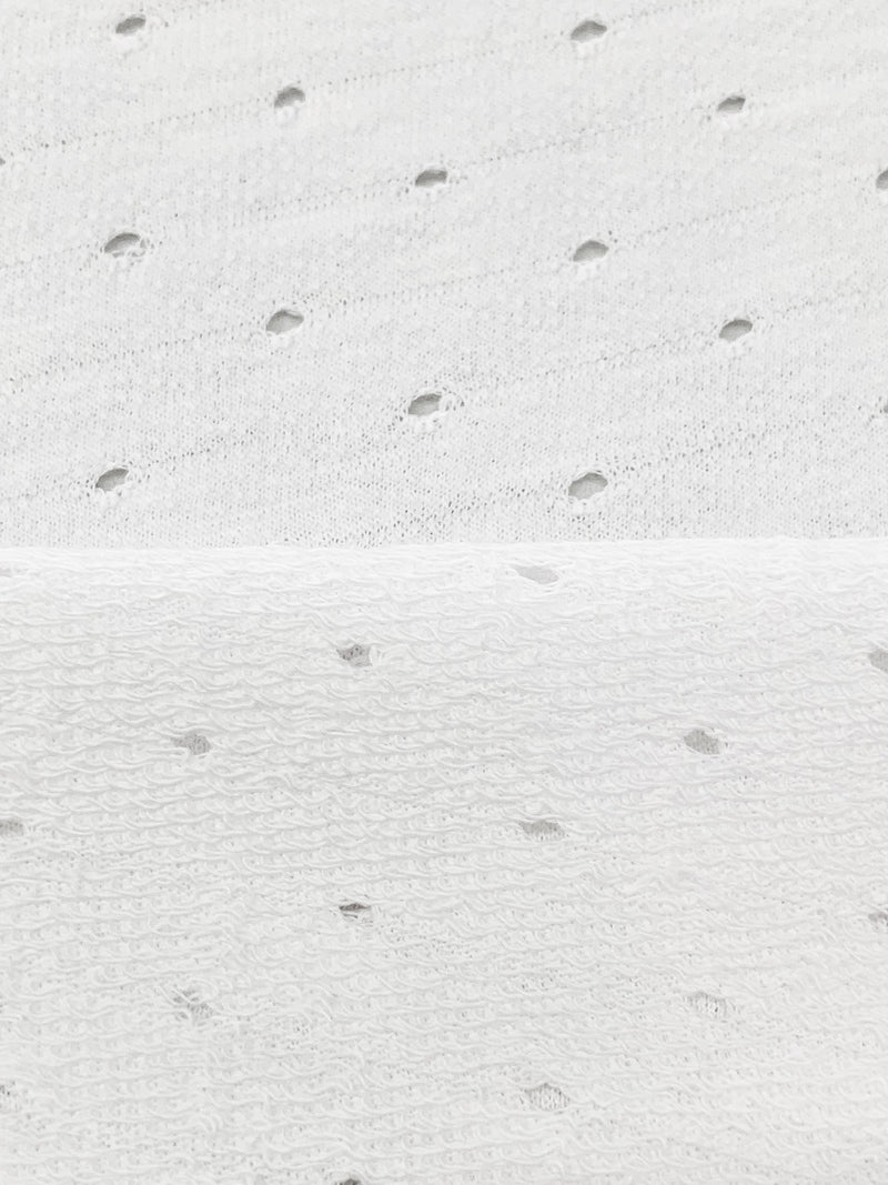 White 100% Cotton Diagonal Stripe Eyelet Dot French Terry Knit 60W
