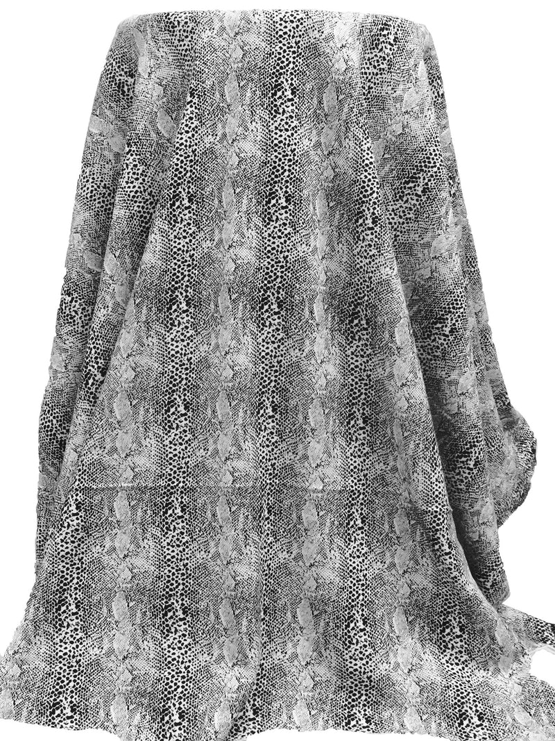 Black/White Cotton/Polyester Small Snakeskin Print Brushed Back Sweater Knit 56W