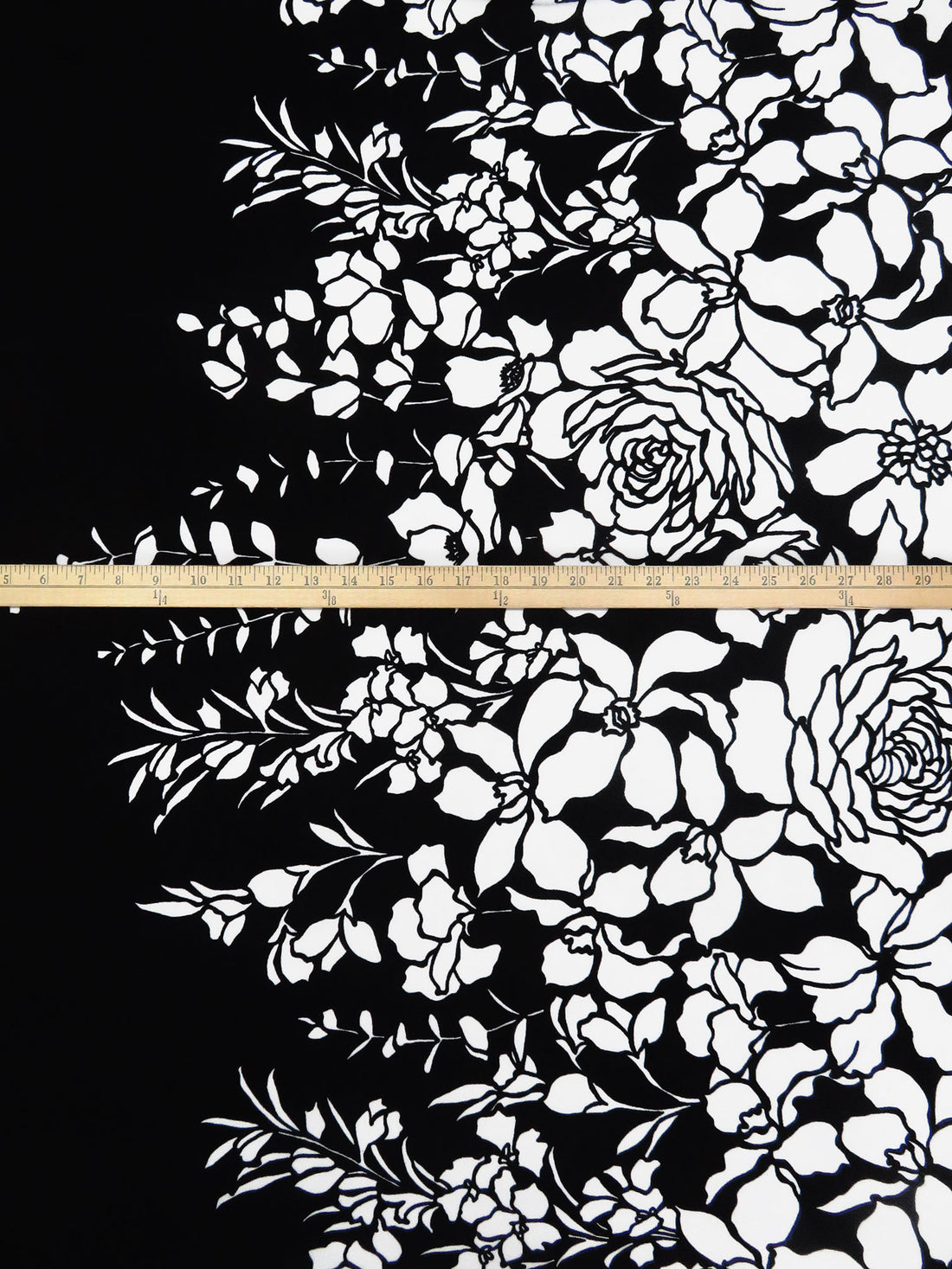 Black/White Polyester/Lycra Large Single Border Floral Print Crepe Double Knit - NY Designer - 58W