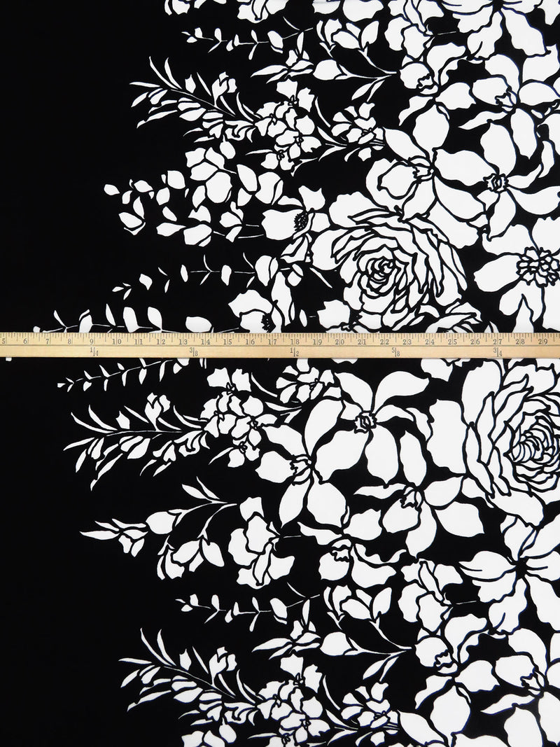 Black/White Polyester/Lycra Large Single Border Floral Print Crepe Double Knit - NY Designer - 58W