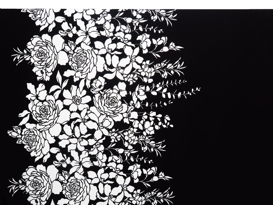 Black/White Polyester/Lycra Large Single Border Floral Print Crepe Double Knit - NY Designer - 58W