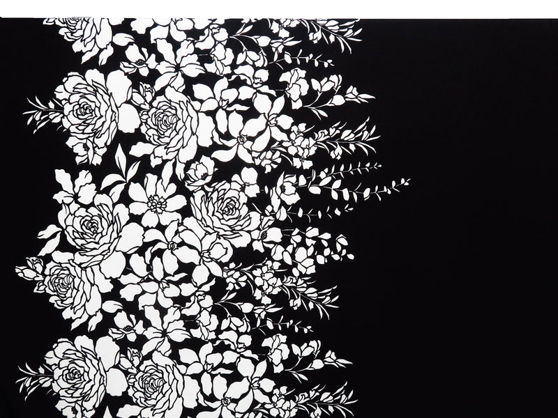 Black/White Polyester/Lycra Large Single Border Floral Print Crepe Double Knit - NY Designer - 58W