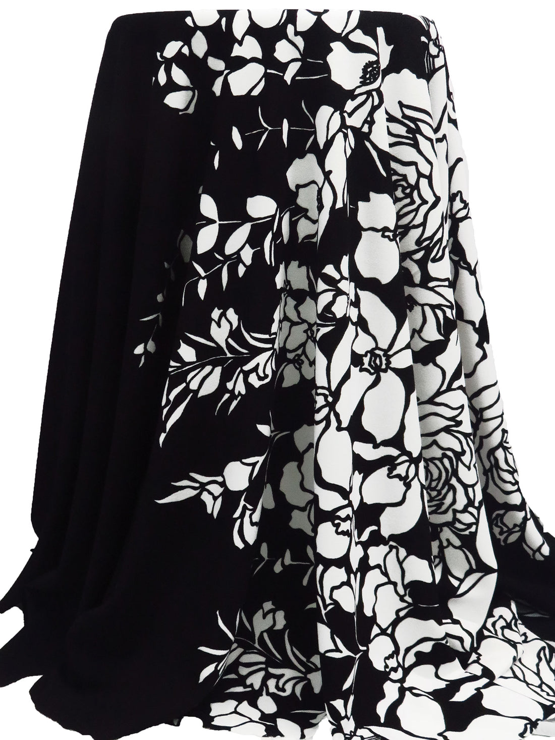 Black/White Polyester/Lycra Large Single Border Floral Print Crepe Double Knit - NY Designer - 58W