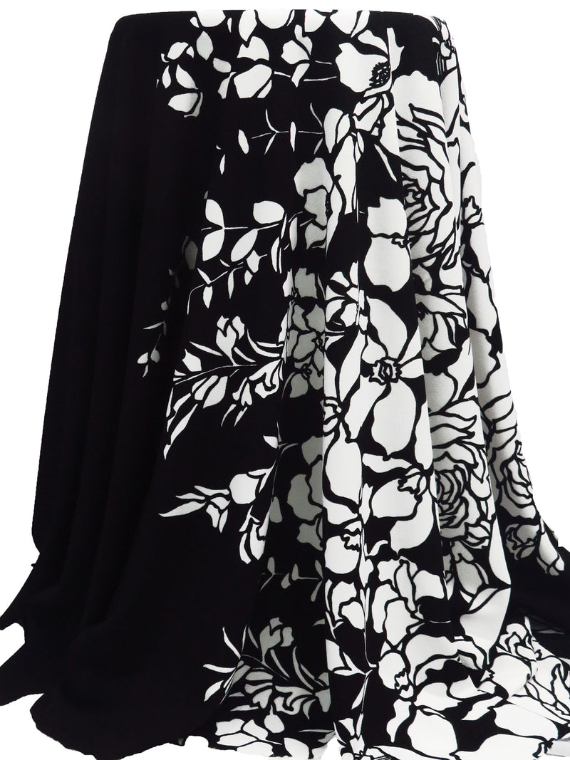 Black/White Polyester/Lycra Large Single Border Floral Print Crepe Double Knit - NY Designer - 58W
