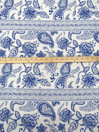 Dark Cornflower/Off-White 100% Polyester Ornate Paisley Horizontal Stripe Print Linen-Look Shirt-Weight Woven - NY Designer - 58W