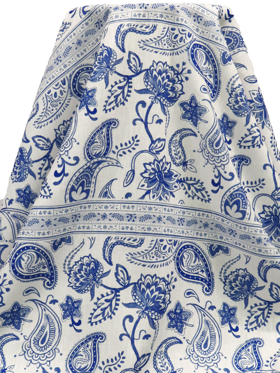 Dark Cornflower/Off-White 100% Polyester Ornate Paisley Horizontal Stripe Print Linen-Look Shirt-Weight Woven - NY Designer - 58W