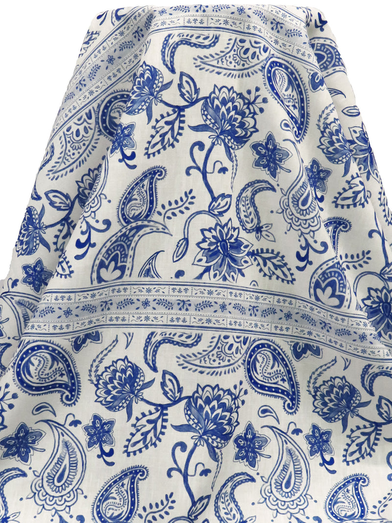 Dark Cornflower/Off-White 100% Polyester Ornate Paisley Horizontal Stripe Print Linen-Look Shirt-Weight Woven - NY Designer - 58W