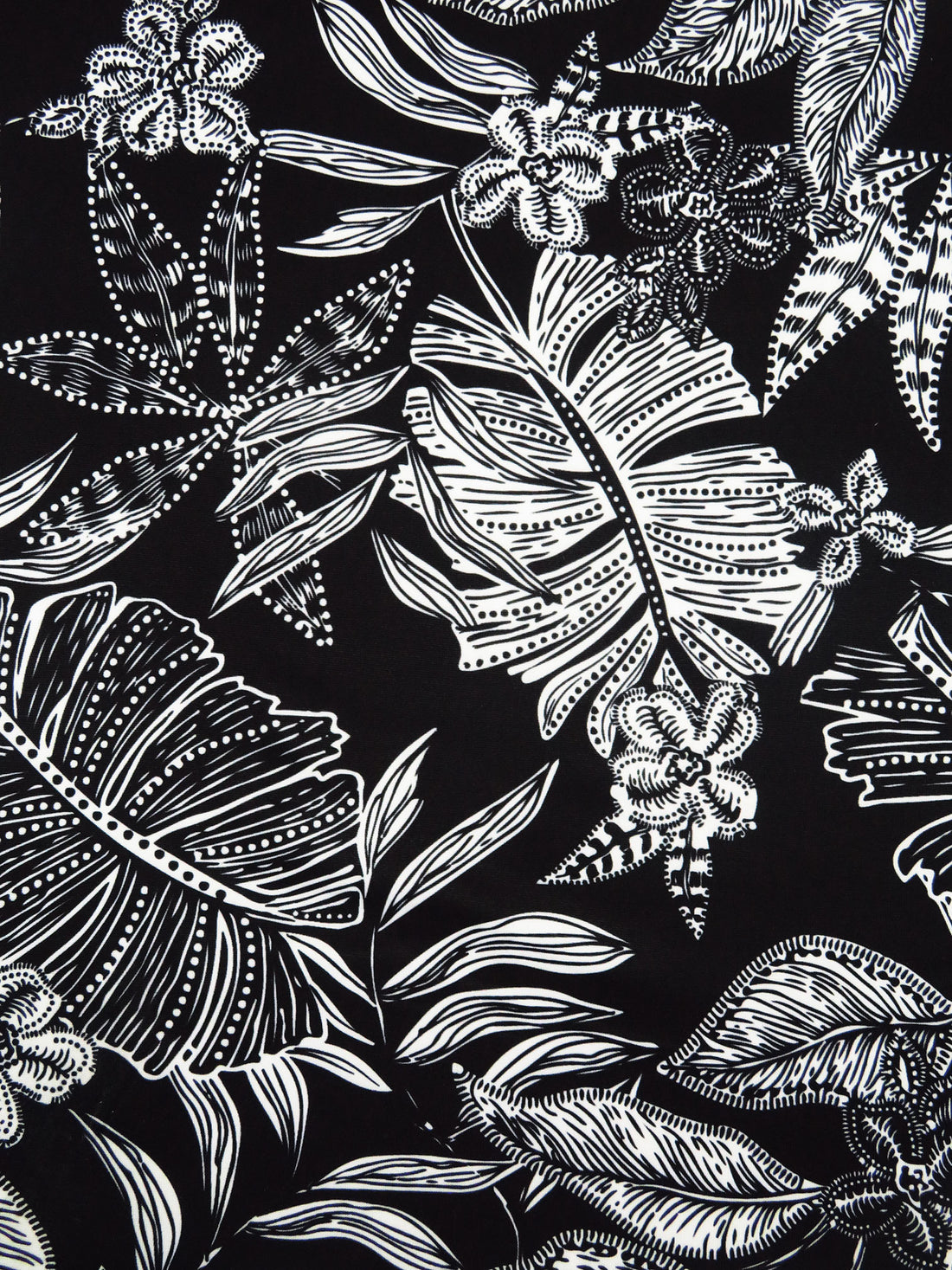 Pitch Black/White Polyester/Lycra Abstract Leaf Print DTY Knit - NY Designer - 60W