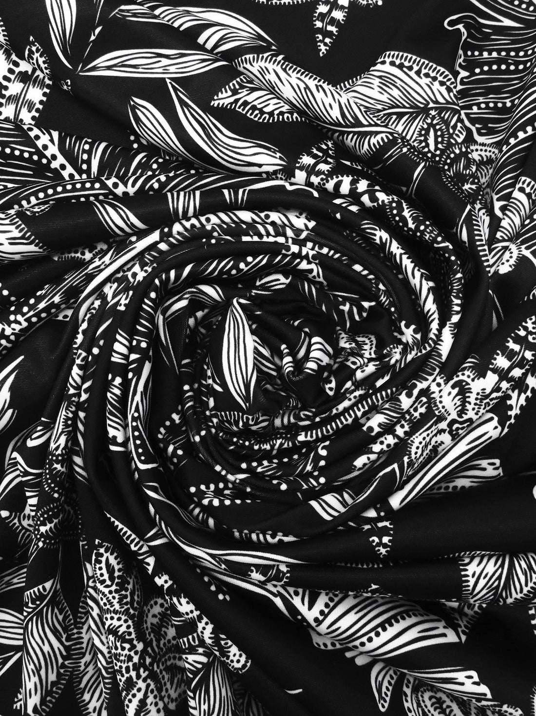 Pitch Black/White Polyester/Lycra Abstract Leaf Print DTY Knit - NY Designer - 60W