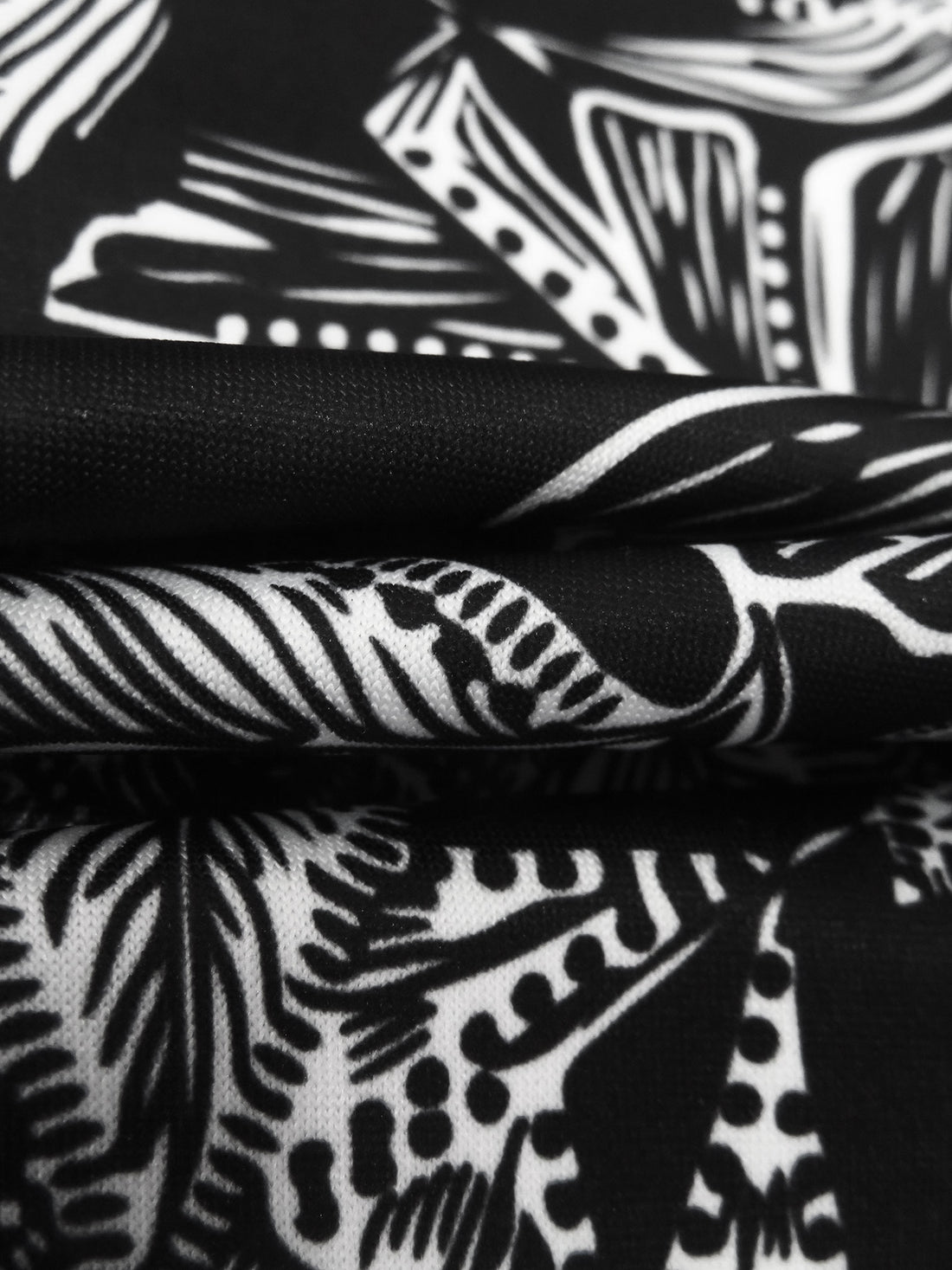 Pitch Black/White Polyester/Lycra Abstract Leaf Print DTY Knit - NY Designer - 60W
