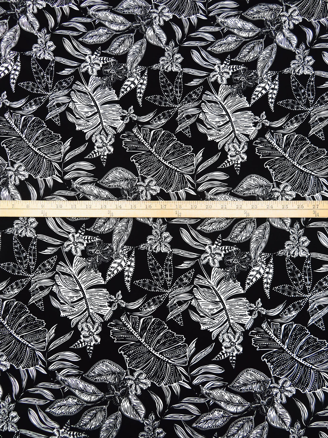 Pitch Black/White Polyester/Lycra Abstract Leaf Print DTY Knit - NY Designer - 60W