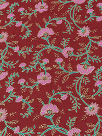 Crimson/Jade/Taffy Pink/Gold 100% Rayon Floral Foil Print Challis 53W