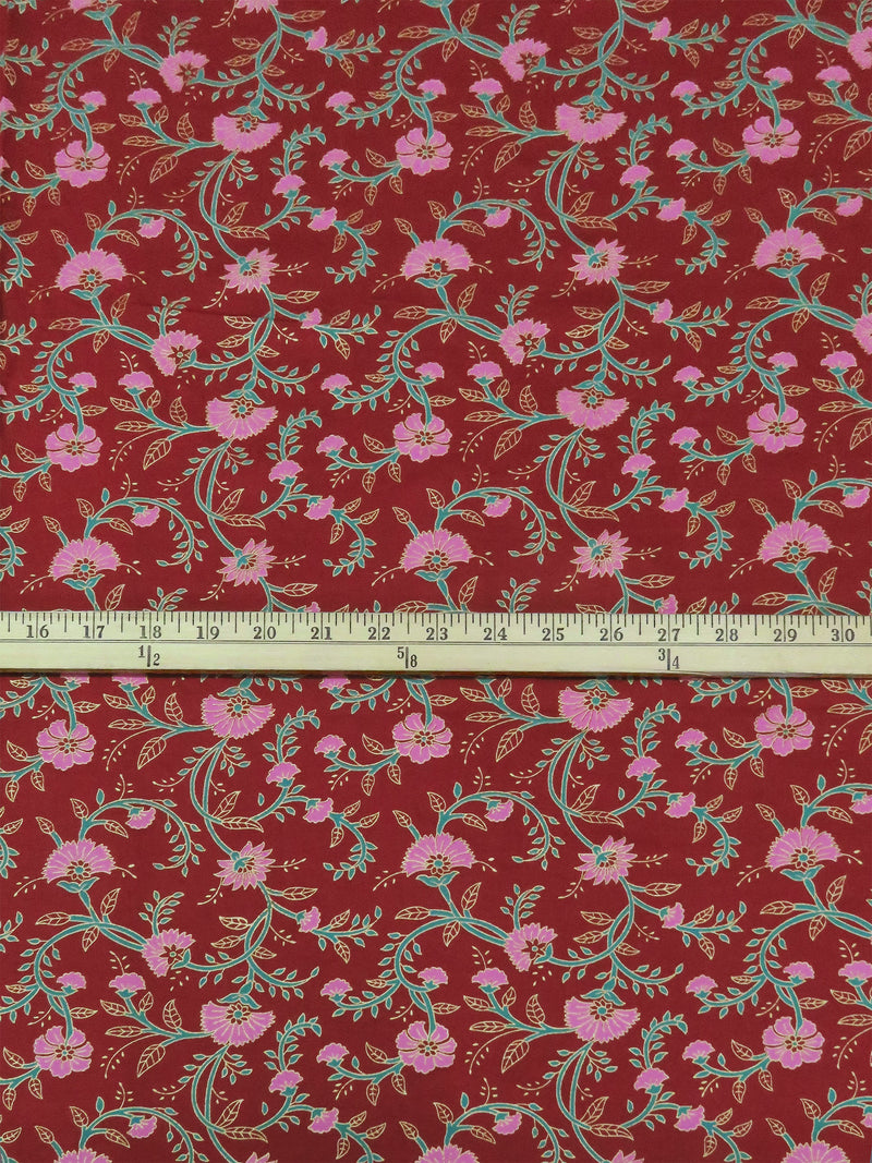 Crimson/Jade/Taffy Pink/Gold 100% Rayon Floral Foil Print Challis 53W