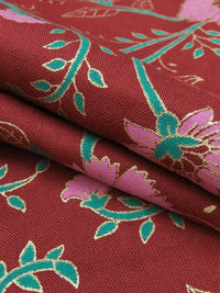 Crimson/Jade/Taffy Pink/Gold 100% Rayon Floral Foil Print Challis 53W