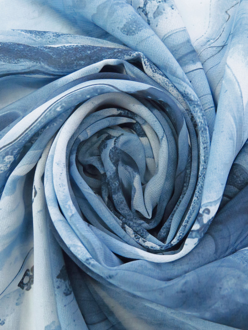 Cerulean Frost/Queen Blue/Midnight Navy 100% Polyester Marbled Print Chiffon - NY Designer - 58W
