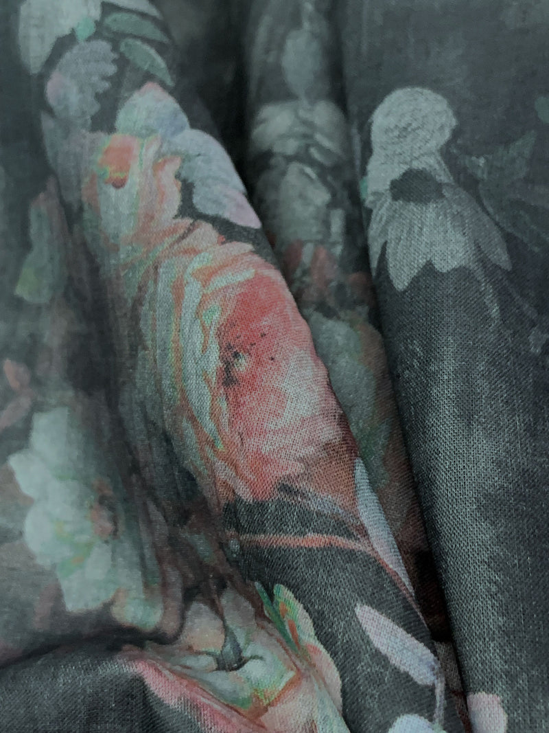 Darkest Charcoal/Old Rose/Pewter Blue/Multi 100% Cotton Grunge Floral Print Voile 54W